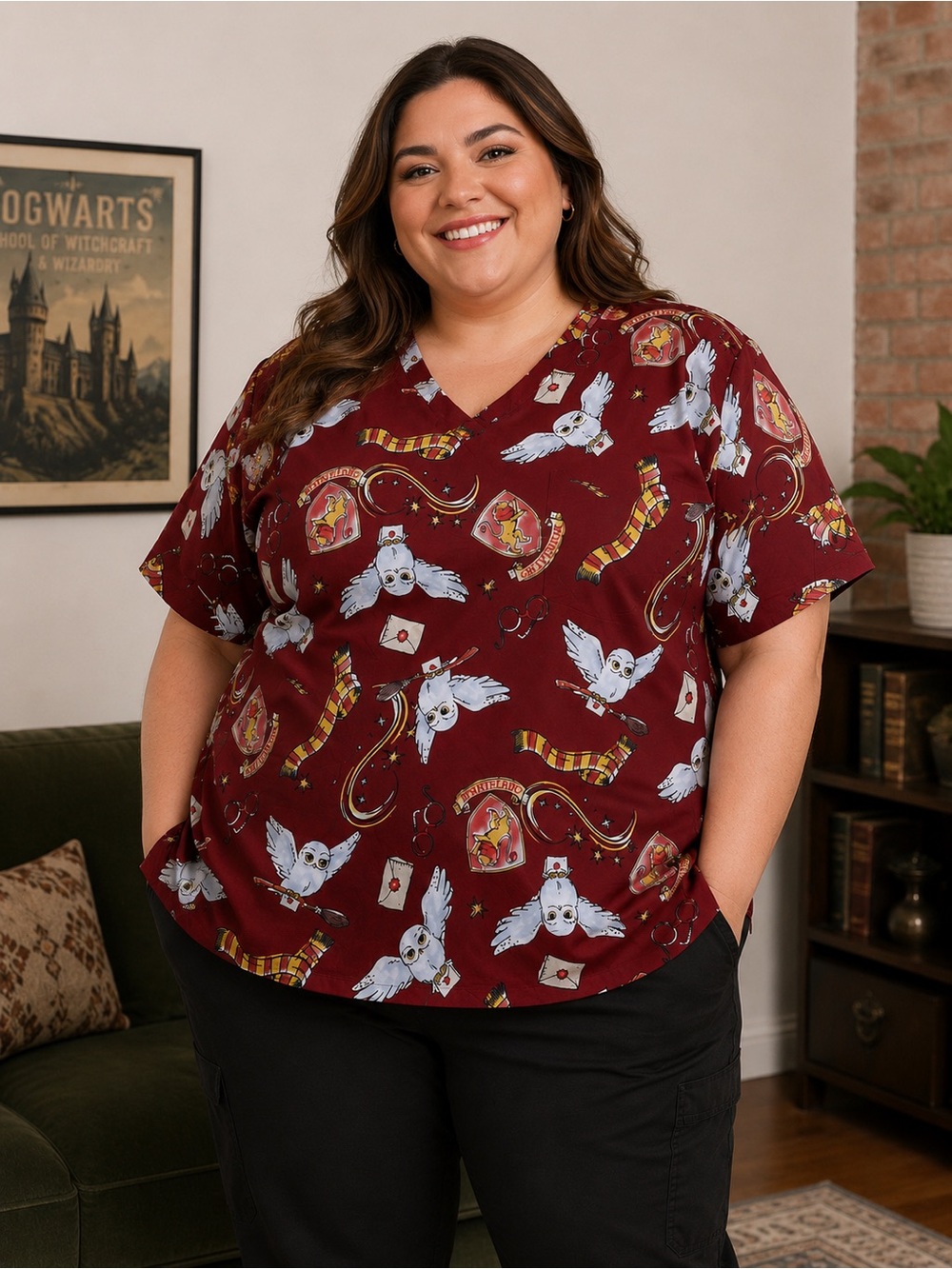 Sz 3x Harry Potter Wizarding World Gryffindor Owl Print Scrub Top